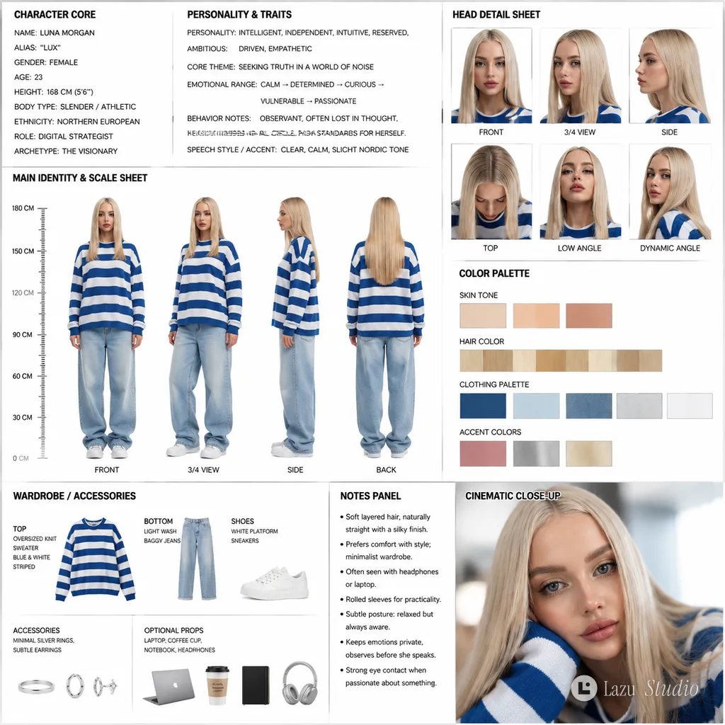 Full-body character model sheet showing front, 3/4, side, and back views against a plain white background.