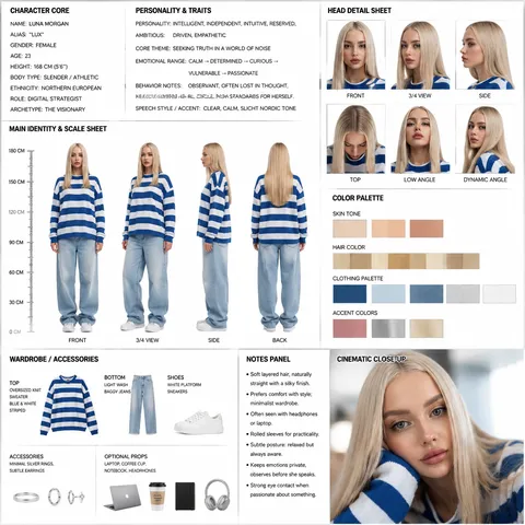 Full-body character model sheet showing front, 3/4, side, and back views against a plain white background.