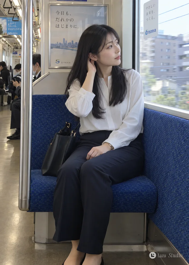 A young woman in a navy and white sailor outfit sitting on a Japanese train.