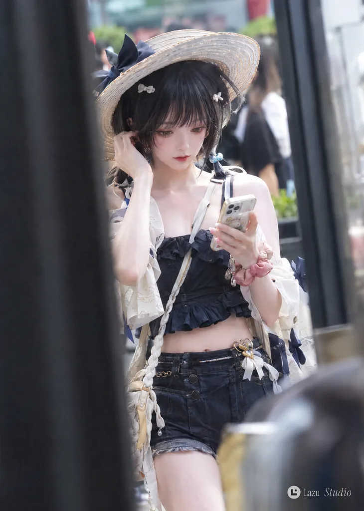 Cosplayer captured candidly through blurry glass and foreground obstacles.