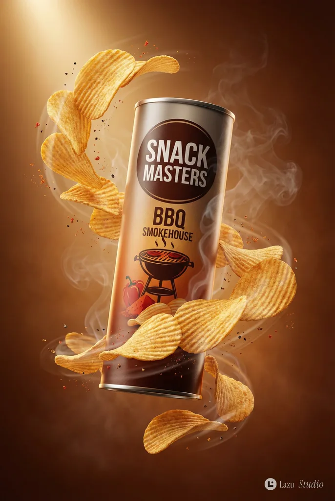 Cylindrical BBQ potato chips can centered with golden chips swirling in mid-air on an amber background.