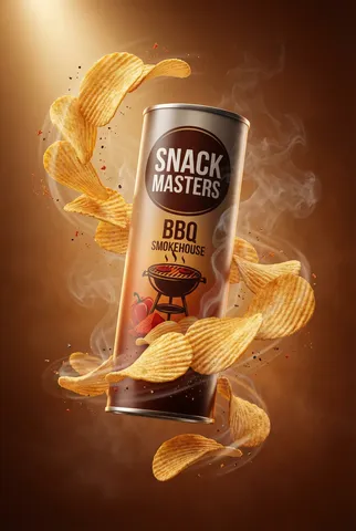 Cylindrical BBQ potato chips can centered with golden chips swirling in mid-air on an amber background.